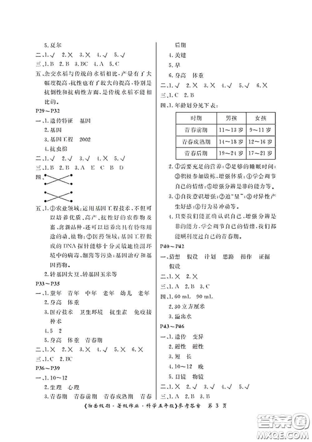 湖南大學(xué)出版社2020湘岳假期暑假作業(yè)五年級(jí)科學(xué)第4版答案