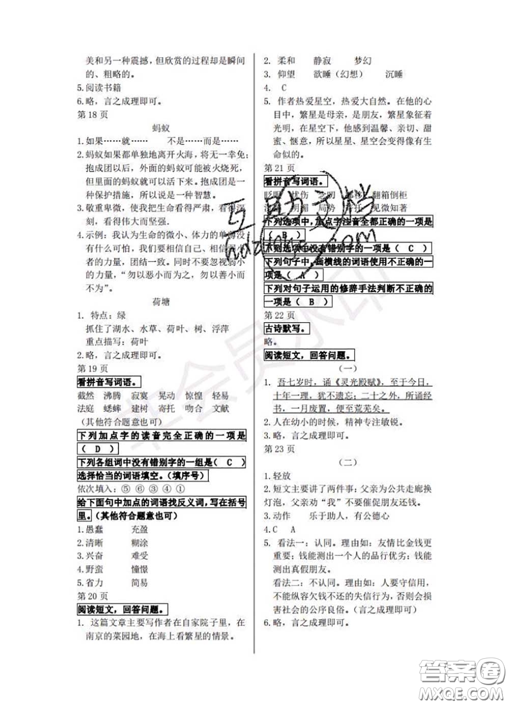 中西書局2020年鵬教圖書精彩假期暑假篇六年級語文答案