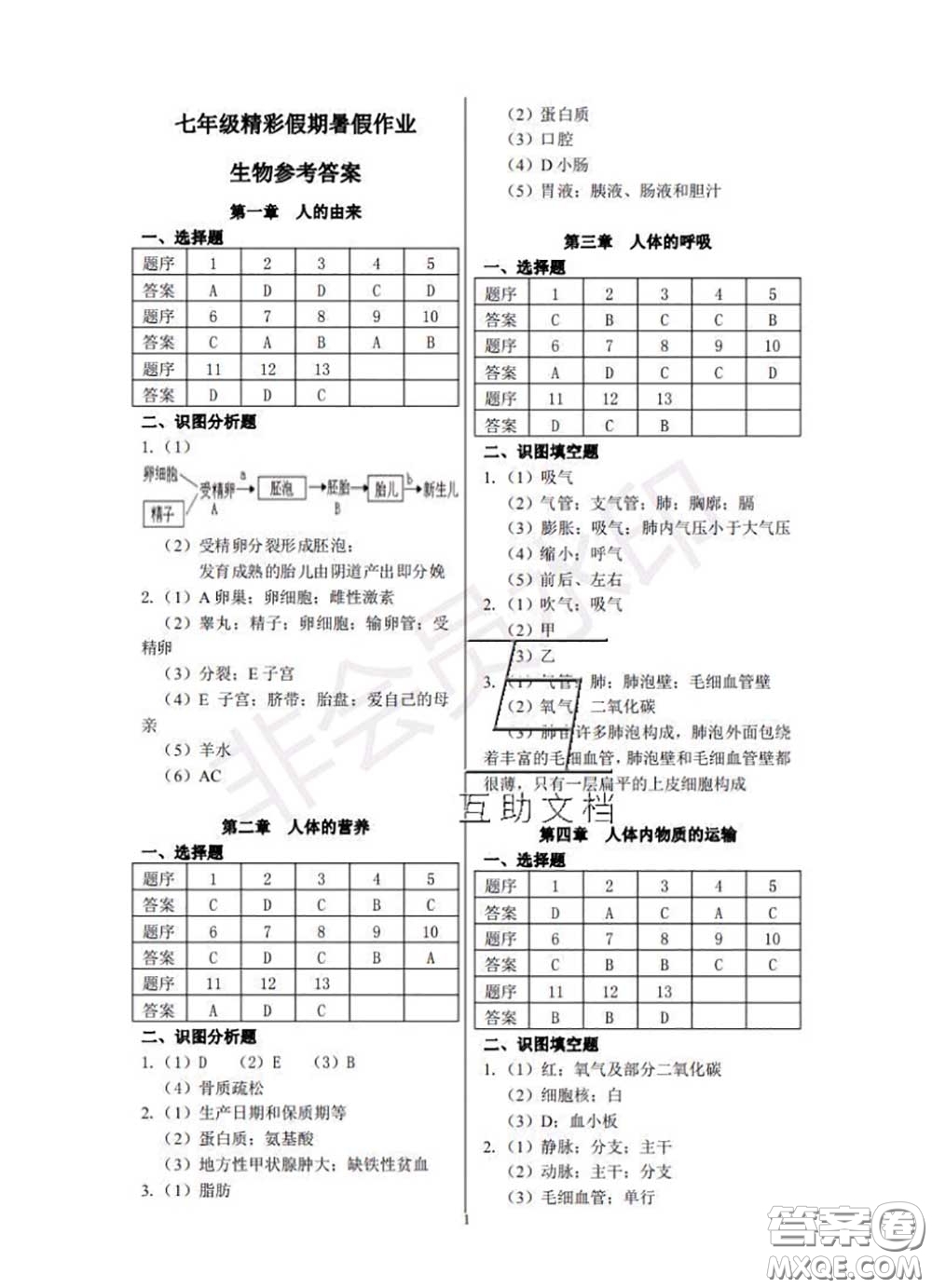 中西書局2020年鵬教圖書精彩假期暑假篇七年級(jí)生物答案