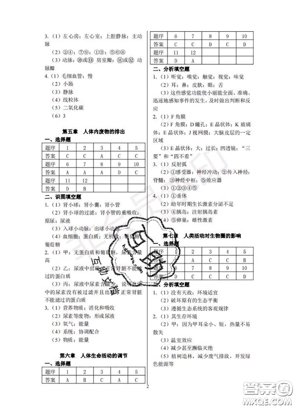 中西書局2020年鵬教圖書精彩假期暑假篇七年級(jí)生物答案