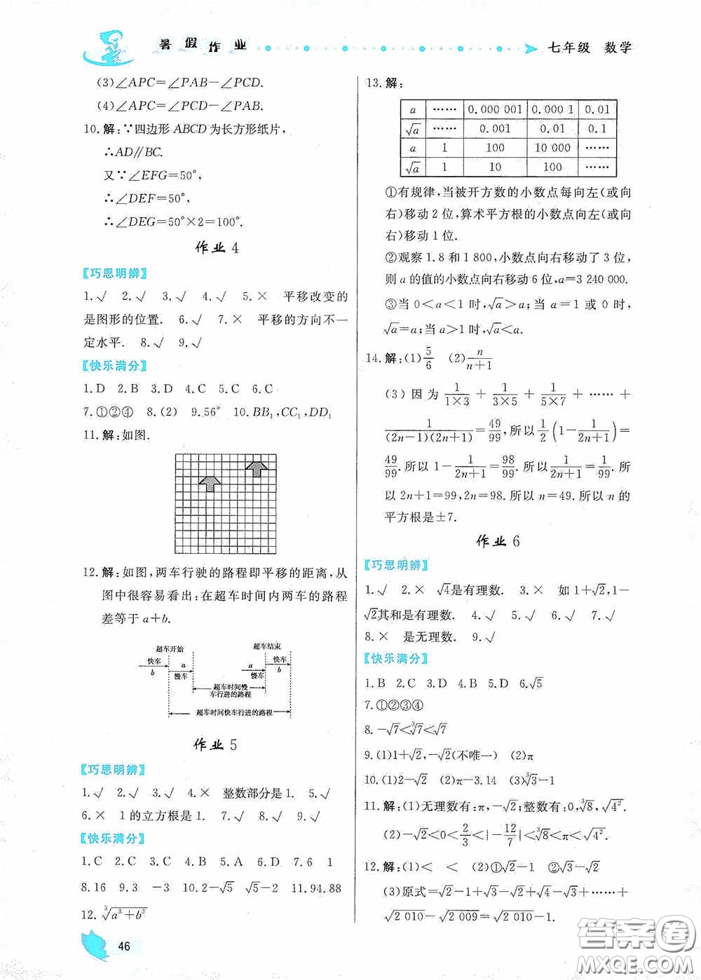 內(nèi)蒙古人民出版社2020暑假作業(yè)七年級數(shù)學(xué)人教版答案