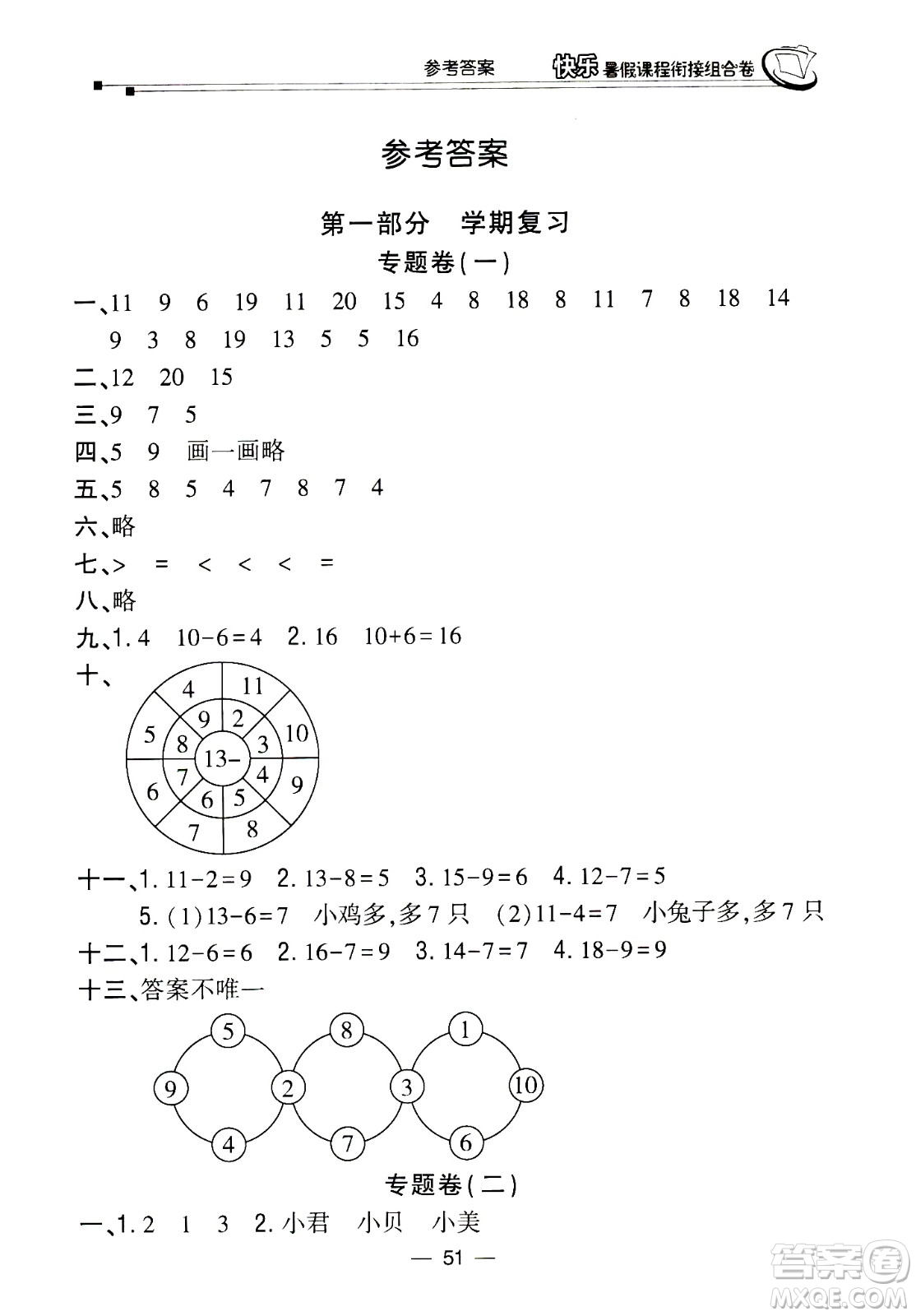 甘肅少年兒童出版社2020年快樂暑假課程銜接組合卷數(shù)學(xué)一年級北師大版參考答案