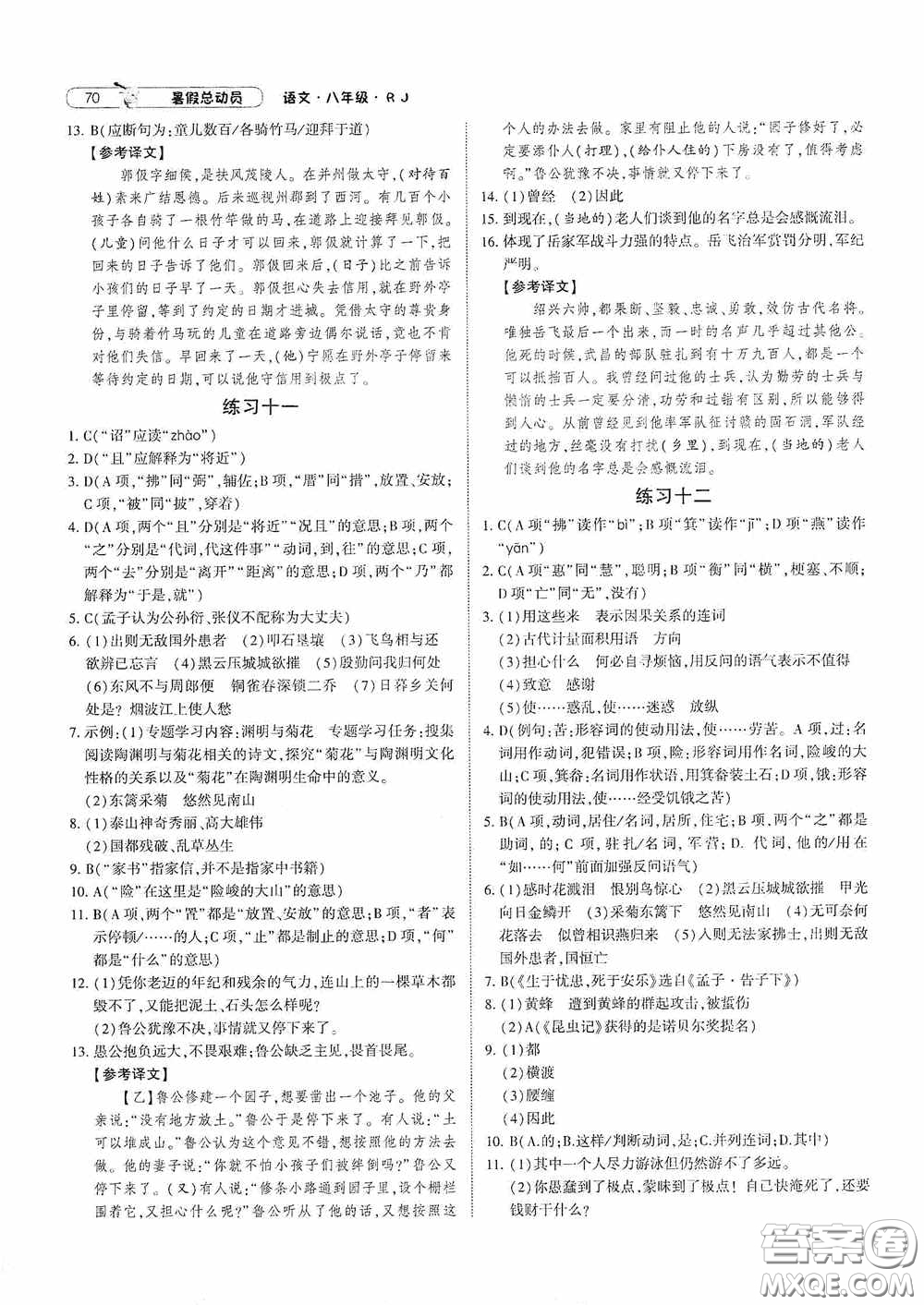 寧夏人民教育出版社2020經(jīng)綸學典暑假總動員八年級語文人教版答案