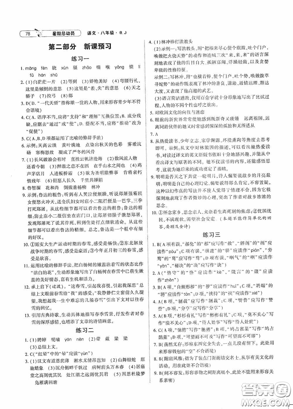 寧夏人民教育出版社2020經(jīng)綸學典暑假總動員八年級語文人教版答案