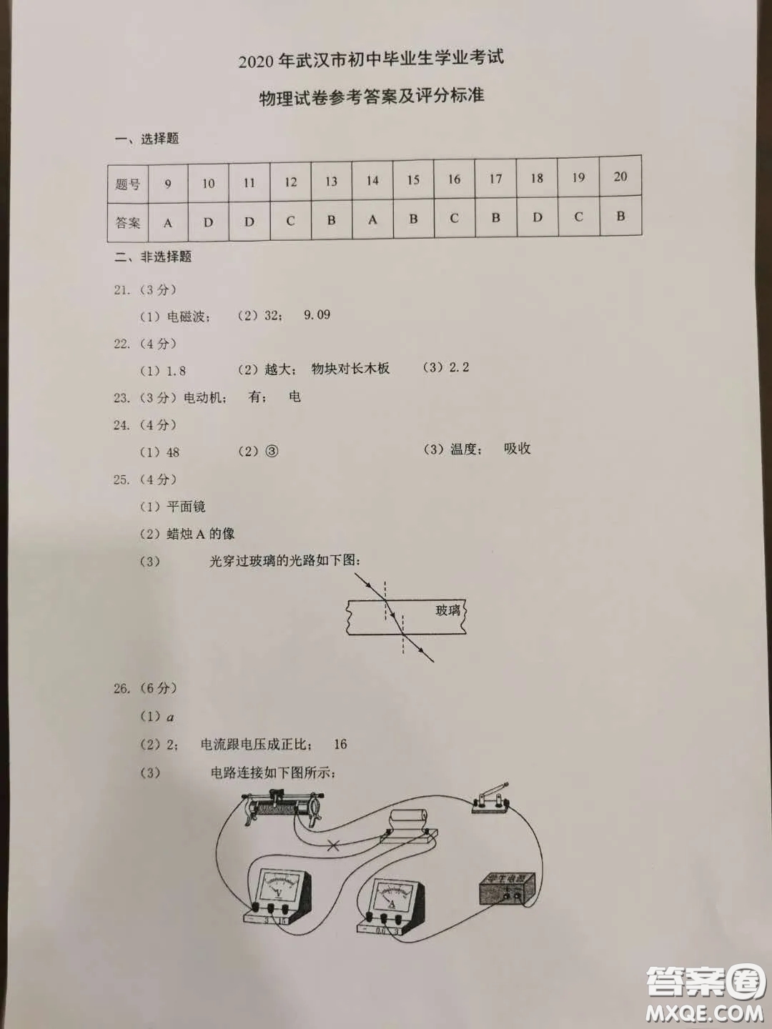 2020湖北省武漢市初中畢業(yè)生學業(yè)考試物理化學試卷及答案