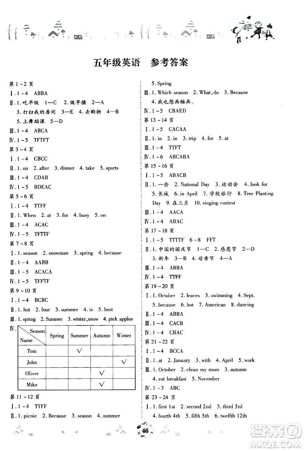 世界圖書出版社公司2020年繽紛假日暑假作業(yè)五年級英語人教PEP版參考答案