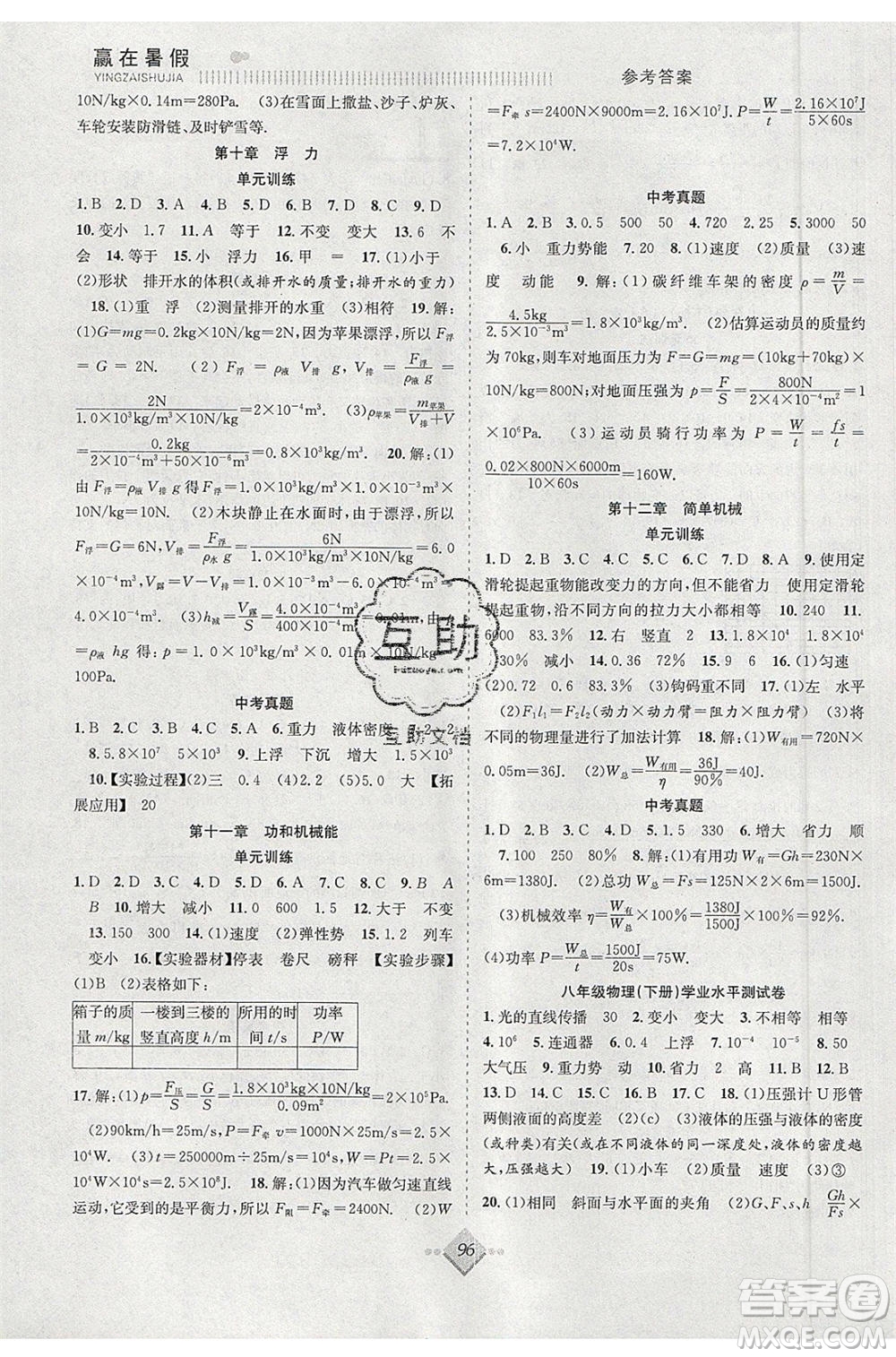 合肥工業(yè)大學(xué)出版社2020年贏在暑假搶分計(jì)劃八年級(jí)物理RJ人教版參考答案