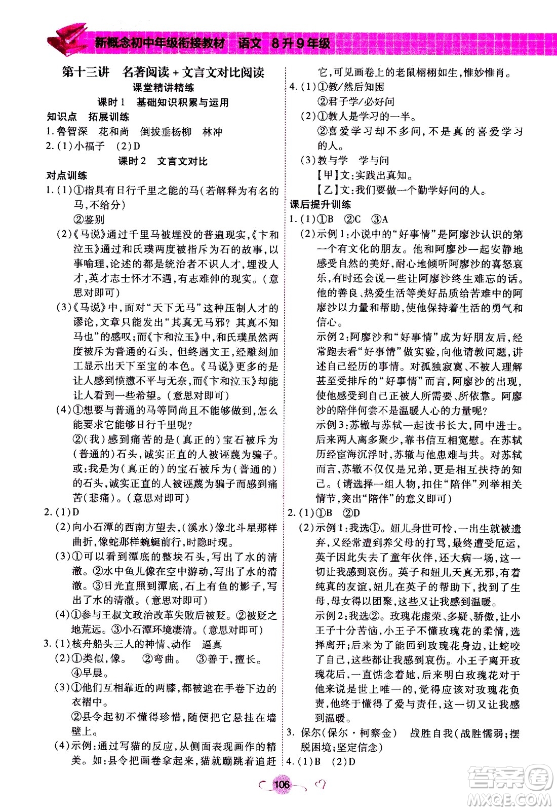 沈陽(yáng)出版社2020年新概念初中年級(jí)銜接教材8升9年級(jí)語(yǔ)文參考答案