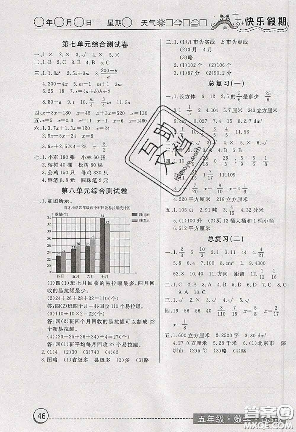 2020年黃岡測(cè)試卷系列暑假作業(yè)五年級(jí)數(shù)學(xué)北師版參考答案