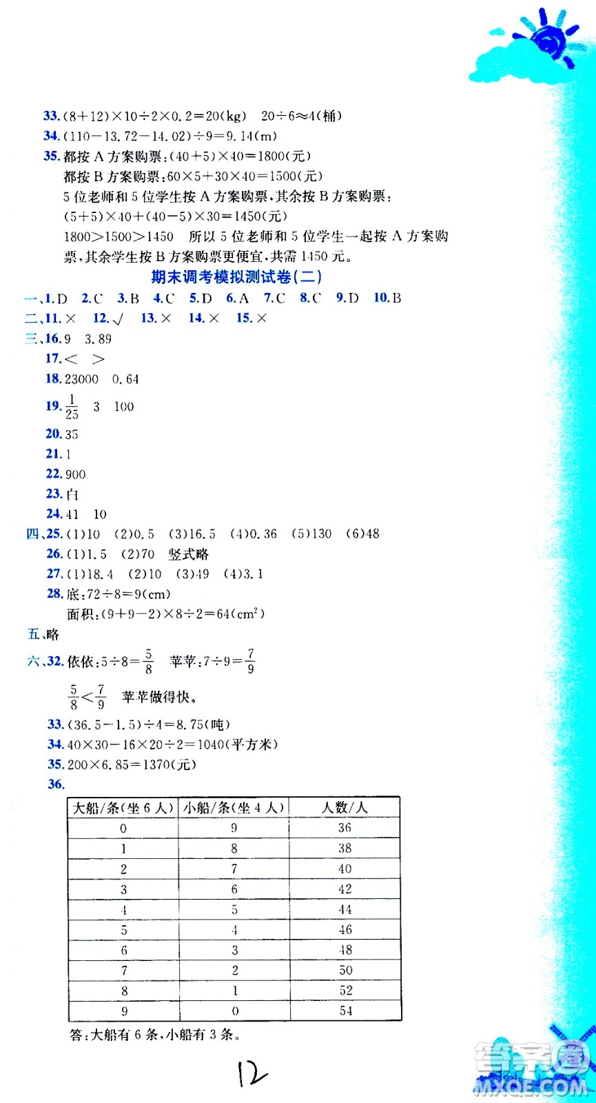 龍門書局2020秋黃岡小狀元達標卷五年級數(shù)學BS北師版參考答案