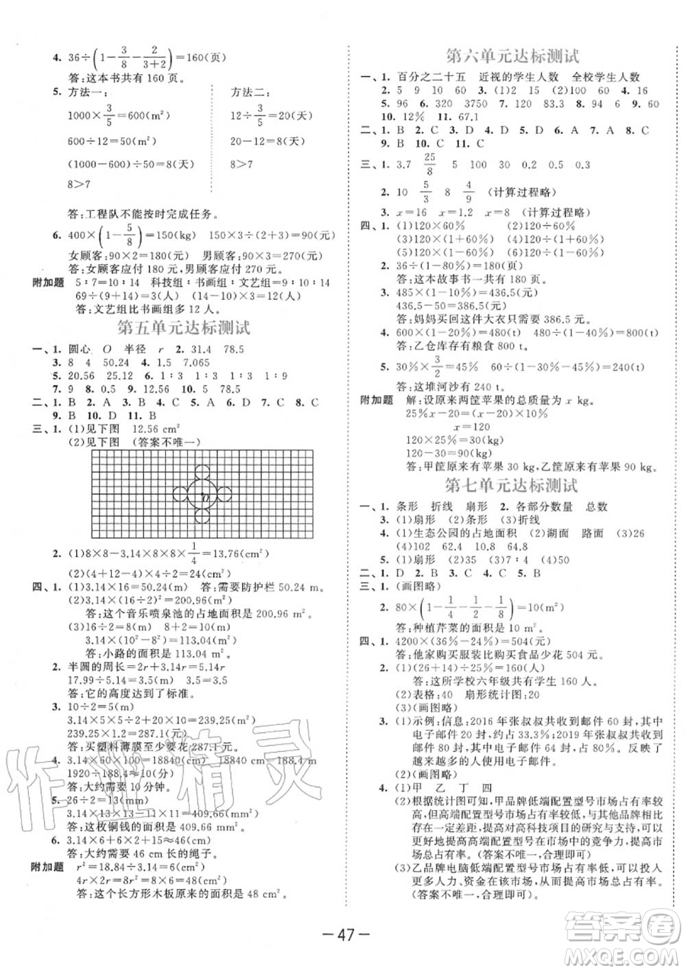 小兒郎2020秋53天天練六年級數(shù)學上冊人教版參考答案