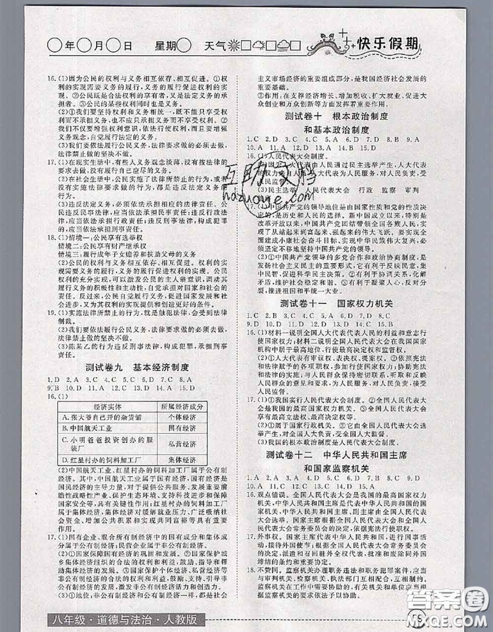 2020年黃岡測(cè)試卷系列暑假作業(yè)八年級(jí)道德與法治人教版參考答案