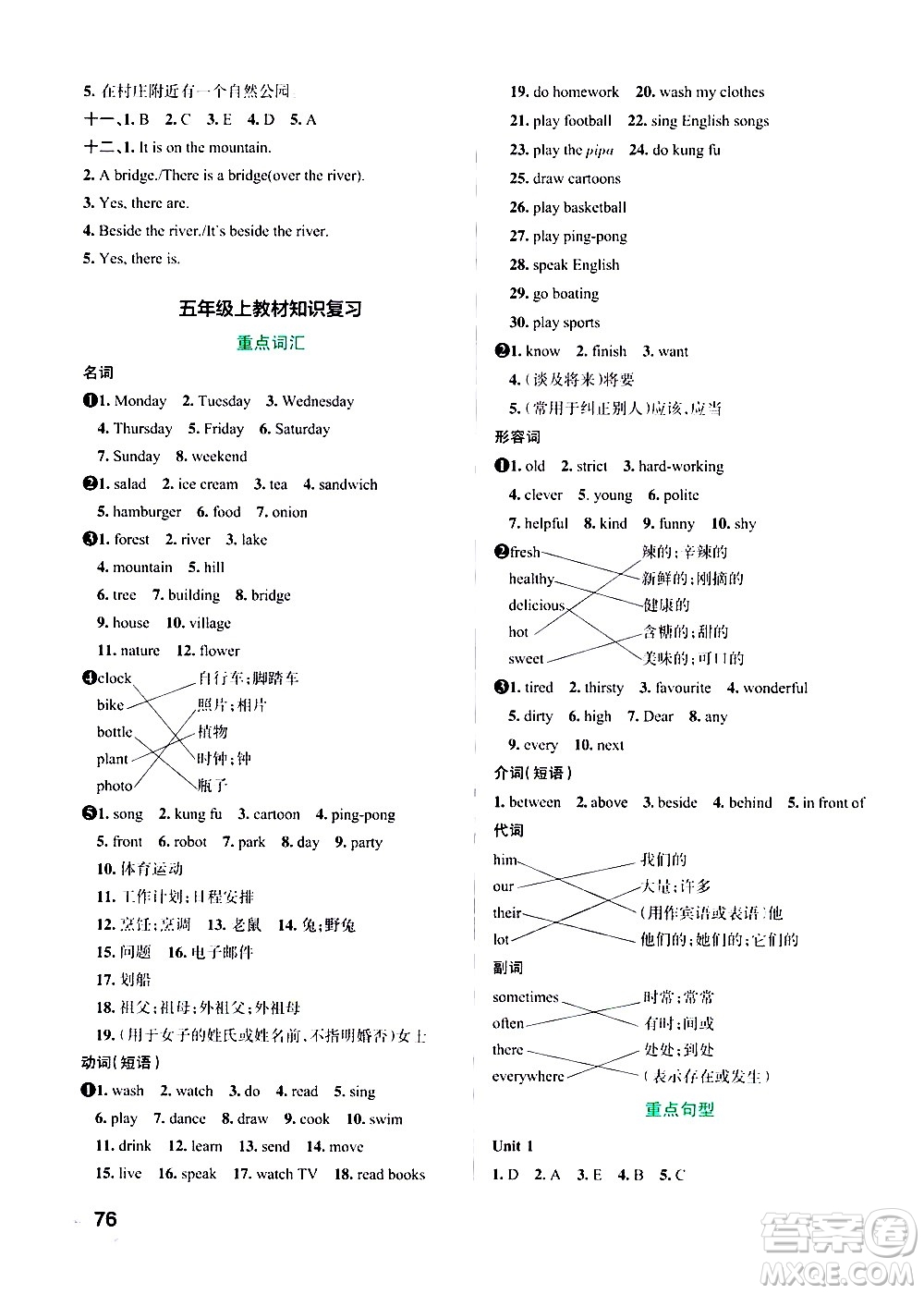 遼寧教育出版社2020秋小學(xué)學(xué)霸作業(yè)本英語(yǔ)五年級(jí)上RJ人教版參考答案