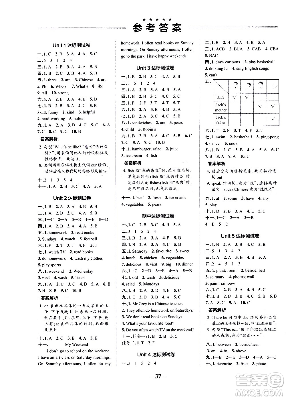 遼寧教育出版社2020秋小學(xué)學(xué)霸作業(yè)本英語(yǔ)五年級(jí)上RJ人教版參考答案