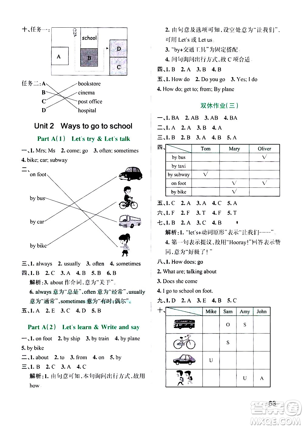 遼寧教育出版社2020秋小學(xué)學(xué)霸作業(yè)本英語六年級(jí)上RJ人教版參考答案