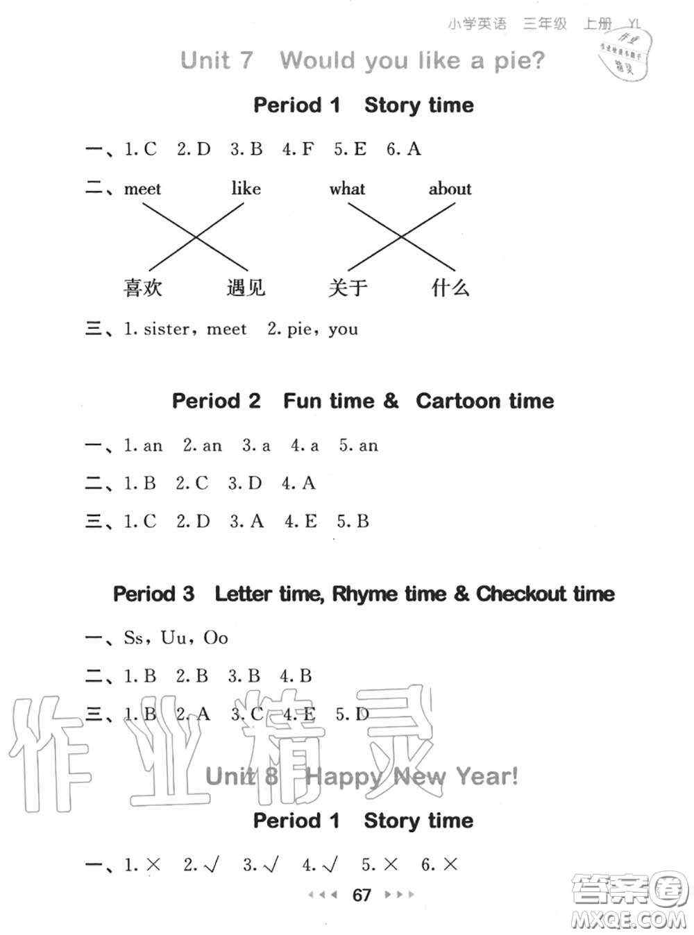 2020秋小兒郎53隨堂測(cè)三年級(jí)英語上冊(cè)譯林版參考答案