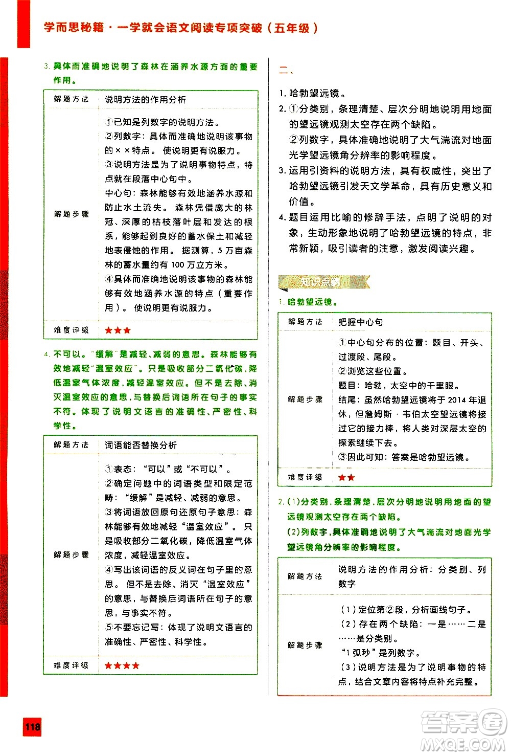 2020年學(xué)而思秘籍一學(xué)就會(huì)語(yǔ)文閱讀專項(xiàng)突破五年級(jí)參考答案