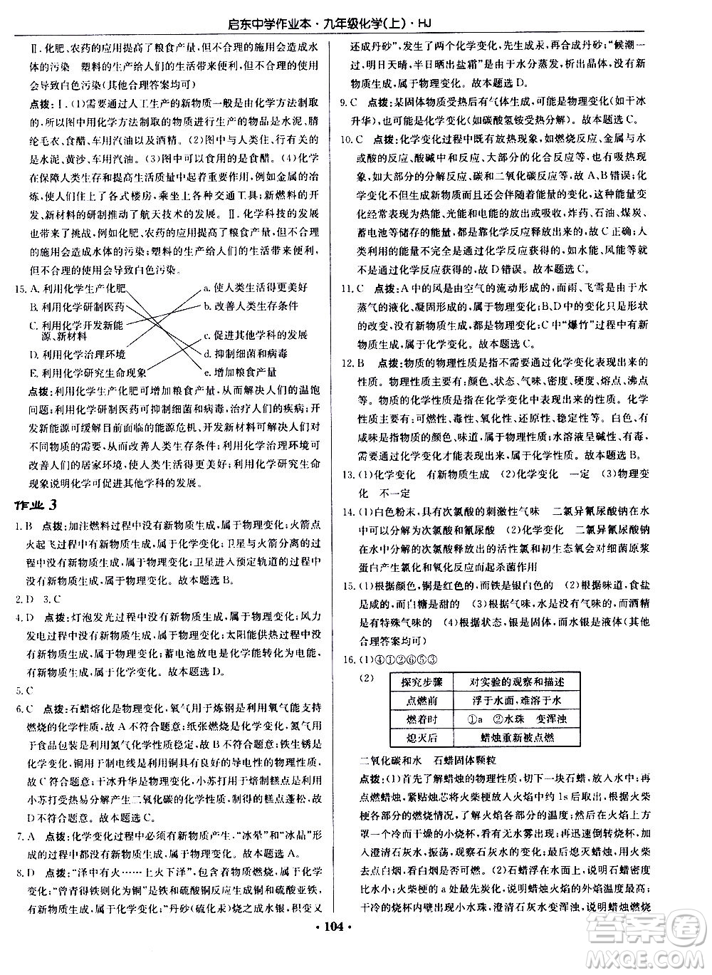 龍門書局2020秋啟東中學(xué)作業(yè)本九年級化學(xué)上冊HJ滬教版參考答案