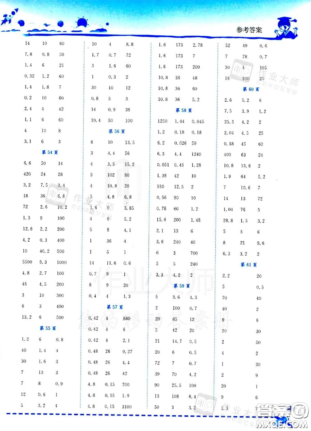 2020秋黃岡小狀元口算速算練習(xí)冊五年級數(shù)學(xué)上冊人教版答案