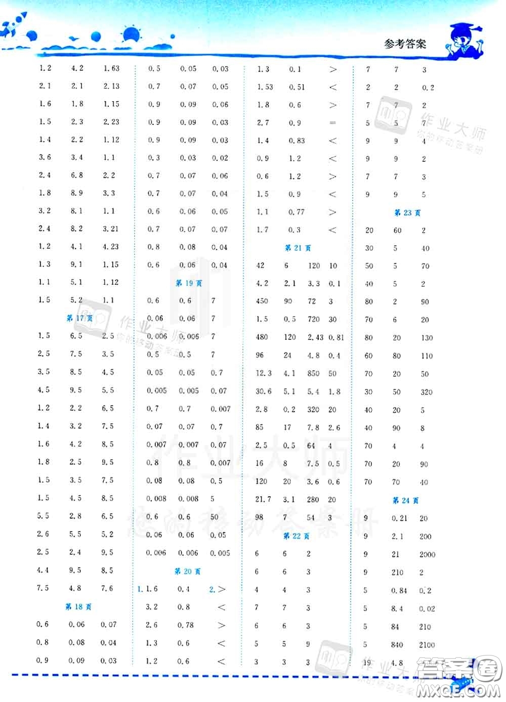 2020秋黃岡小狀元口算速算練習(xí)冊五年級數(shù)學(xué)上冊人教版答案