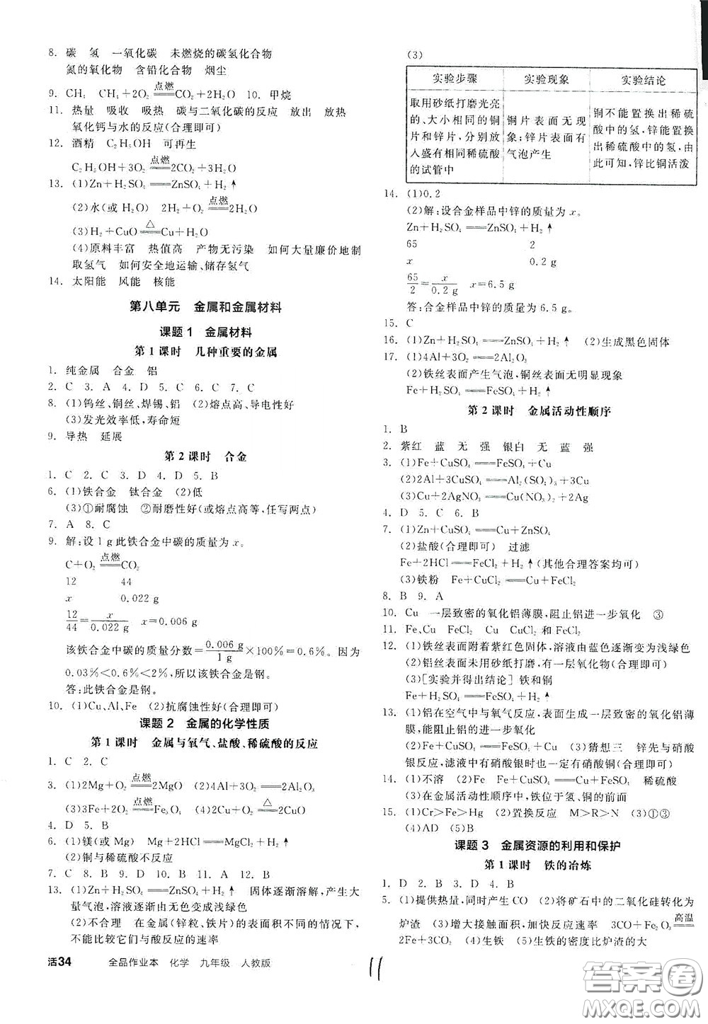 陽光出版社2020全品作業(yè)本九年級(jí)化學(xué)新課標(biāo)人教版云南專用答案