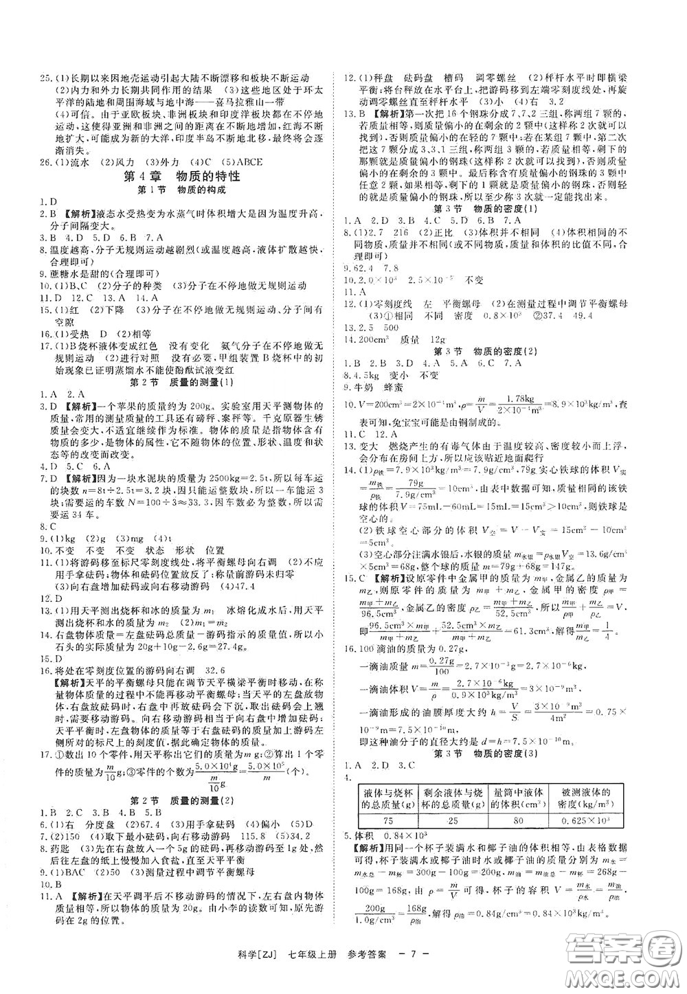 2020全效學(xué)習(xí)課時(shí)提優(yōu)七年級(jí)科學(xué)上冊(cè)浙教版精華版答案