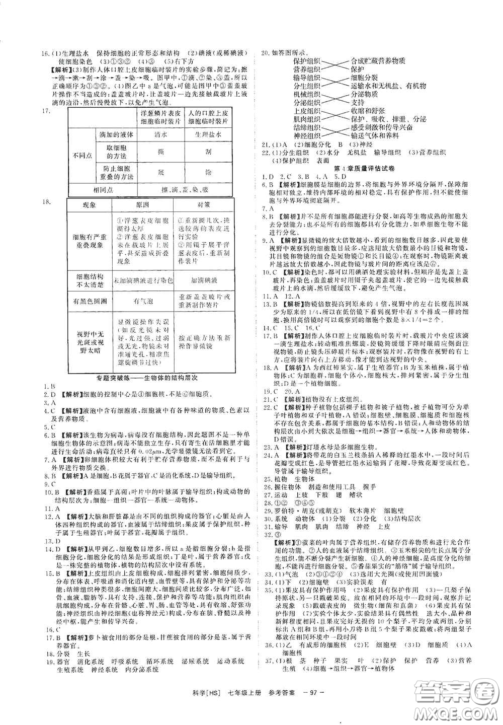 2020全效學習課時提優(yōu)七年級科學上冊HS版答案