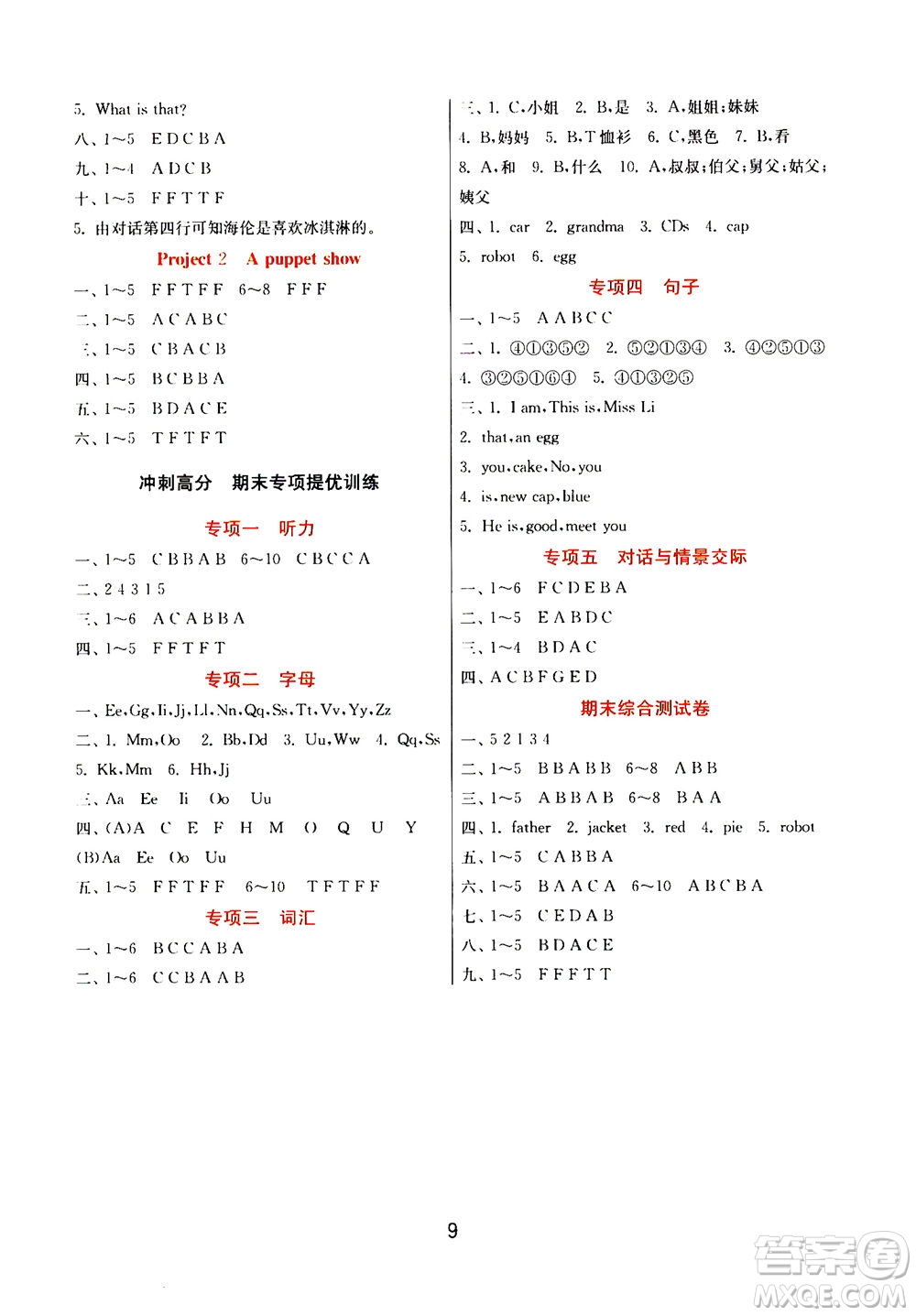 江蘇人民出版社2020秋實驗班提優(yōu)訓練英語三年級上YL譯林版參考答案