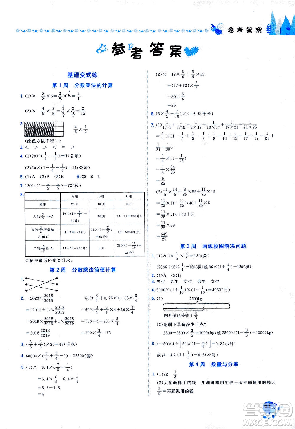 龍門書局2020秋黃岡小狀元易錯(cuò)周周練六年級(jí)數(shù)學(xué)上R人教版參考答案