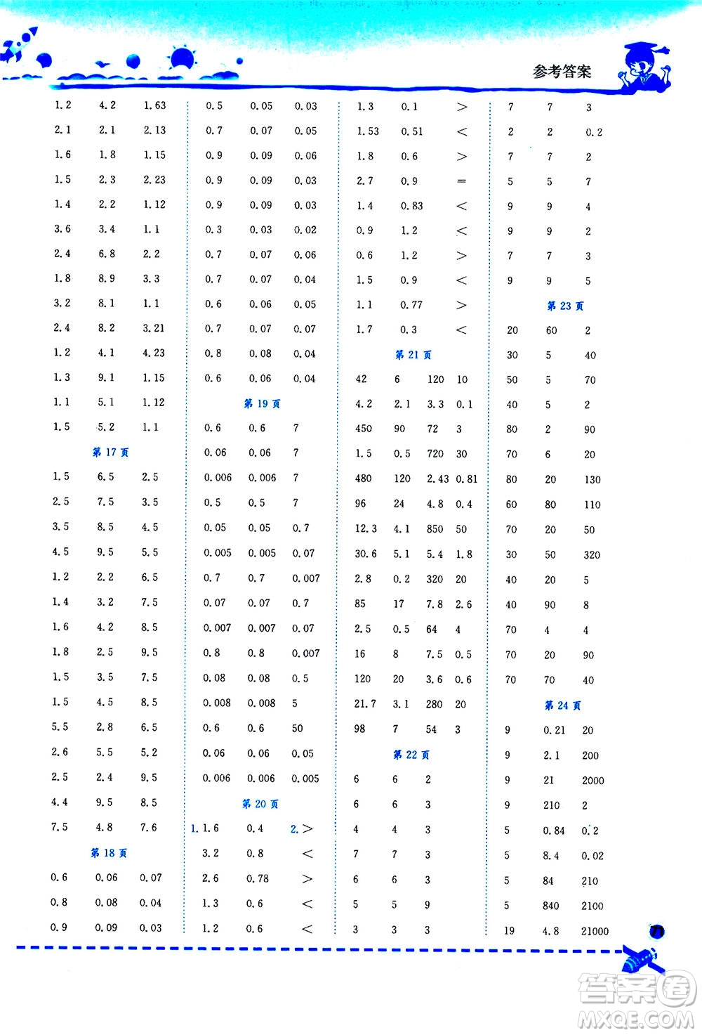 龍門書局2020秋黃岡小狀元口算速算練習(xí)冊五年級數(shù)學(xué)上R人教版參考答案