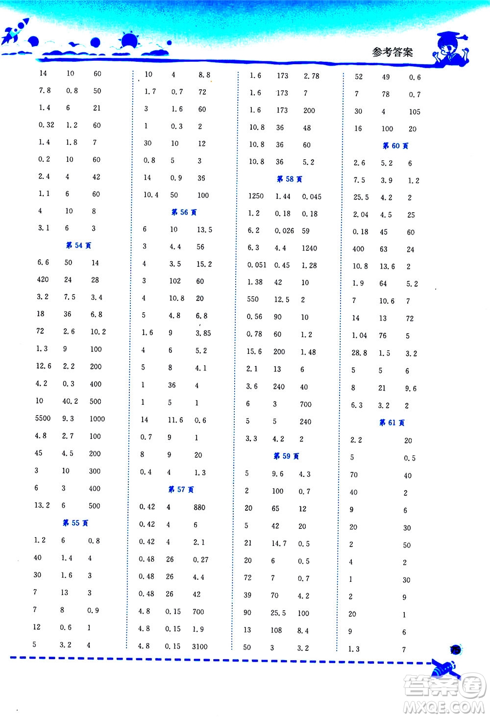 龍門書局2020秋黃岡小狀元口算速算練習(xí)冊五年級數(shù)學(xué)上R人教版參考答案