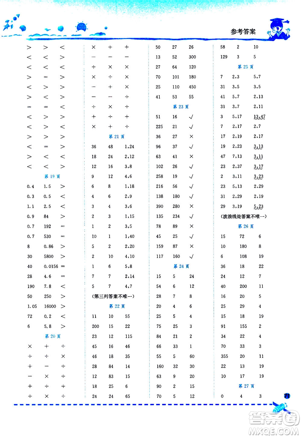 龍門書局2020秋黃岡小狀元口算速算練習(xí)冊五年級數(shù)學(xué)上BS北師版參考答案