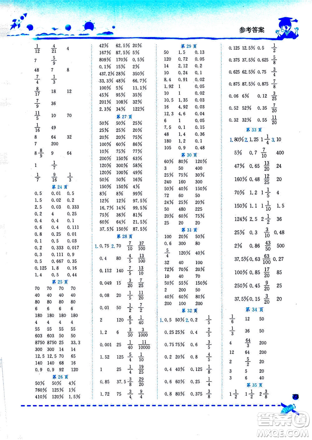 龍門(mén)書(shū)局2020秋黃岡小狀元口算速算練習(xí)冊(cè)六年級(jí)數(shù)學(xué)上BS北師版參考答案