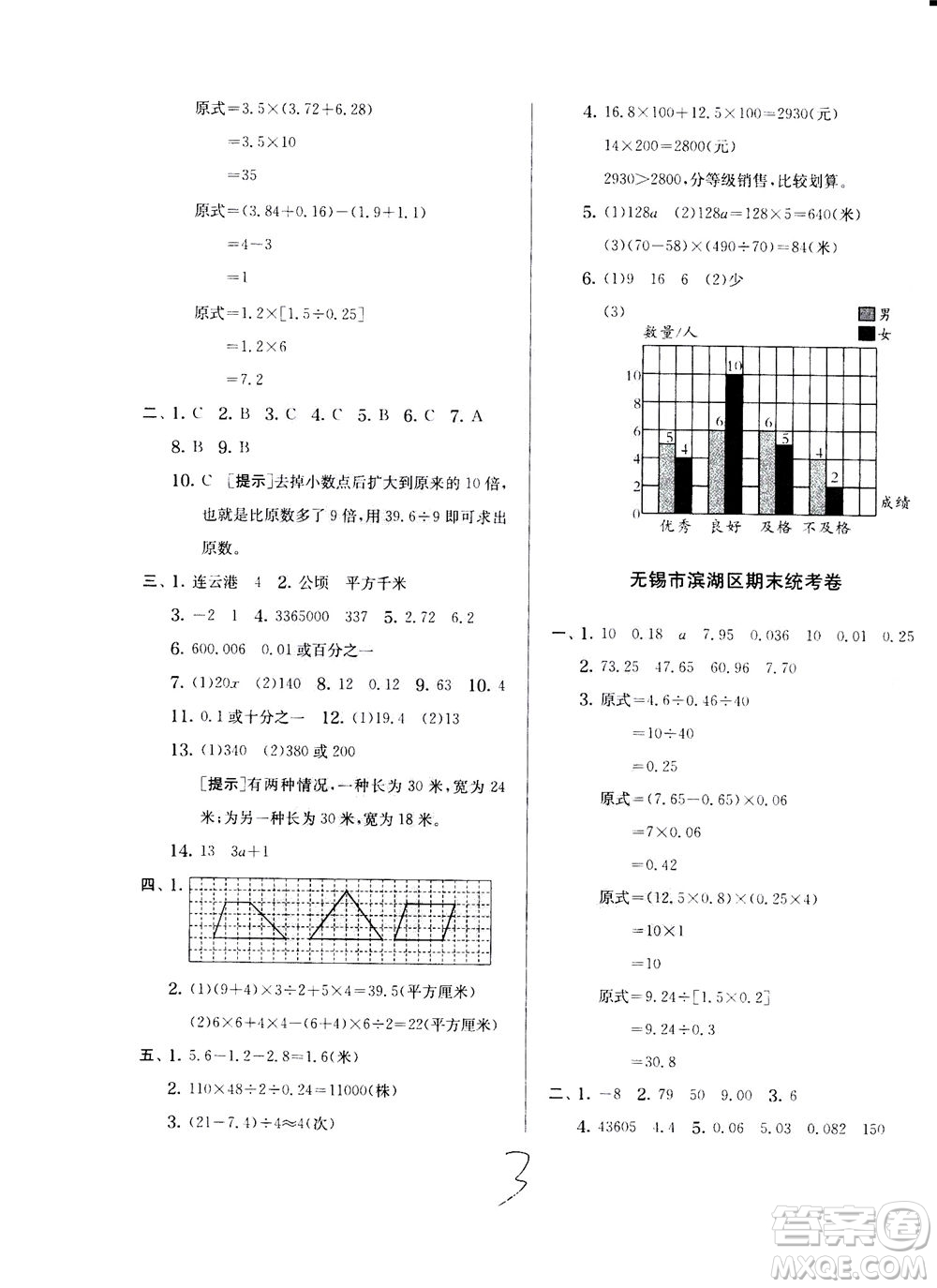 江蘇人民出版社2020秋實(shí)驗(yàn)班提優(yōu)訓(xùn)練數(shù)學(xué)五年級上JSJY江蘇教育版參考答案