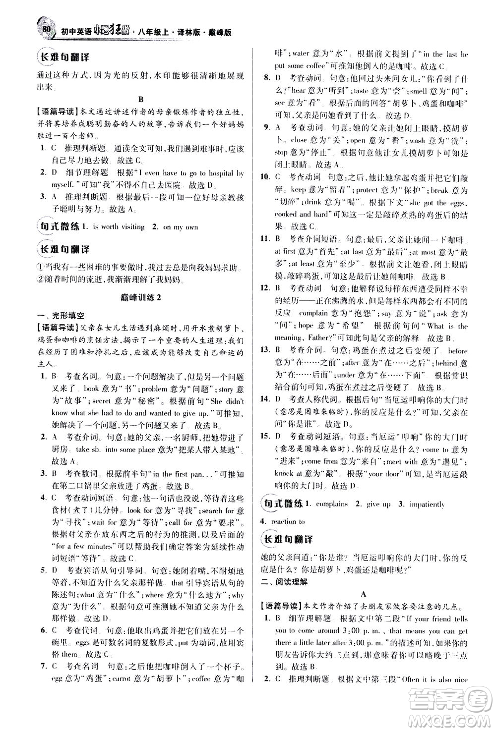 江蘇鳳凰科學(xué)技術(shù)出版社2020秋初中英語小題狂做巔峰版八年級上譯林版參考答案