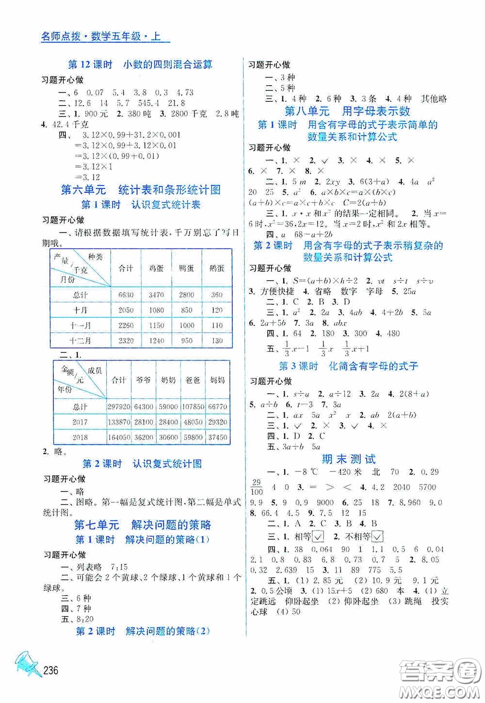 江蘇鳳凰美術(shù)出版社2020名師點撥課課通教材全解析五年級數(shù)學上冊江蘇版答案