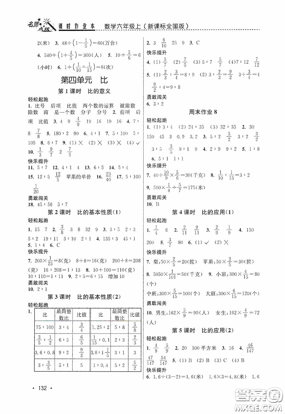 東南大學(xué)出版社2020名師點撥課時作業(yè)本六年級數(shù)學(xué)上冊全國版答案