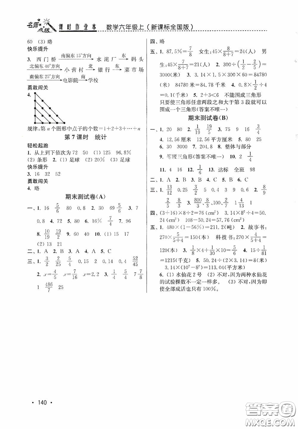 東南大學(xué)出版社2020名師點撥課時作業(yè)本六年級數(shù)學(xué)上冊全國版答案