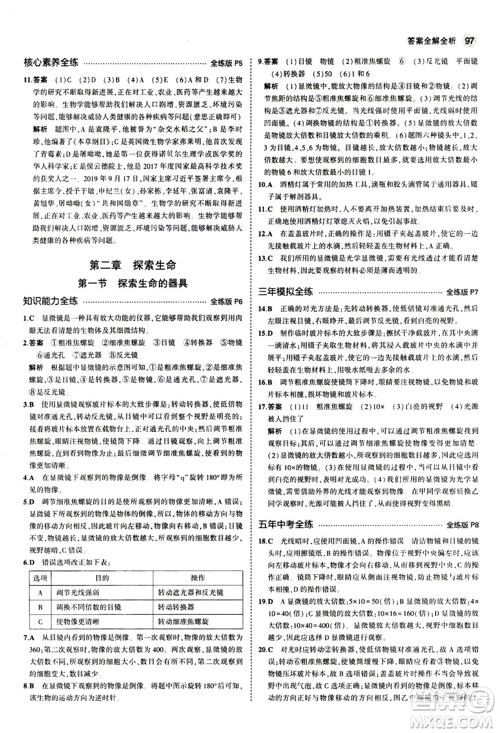 教育科學(xué)出版社2020秋5年中考3年模擬全練版初中生物七年級(jí)上冊(cè)蘇教版參考答案