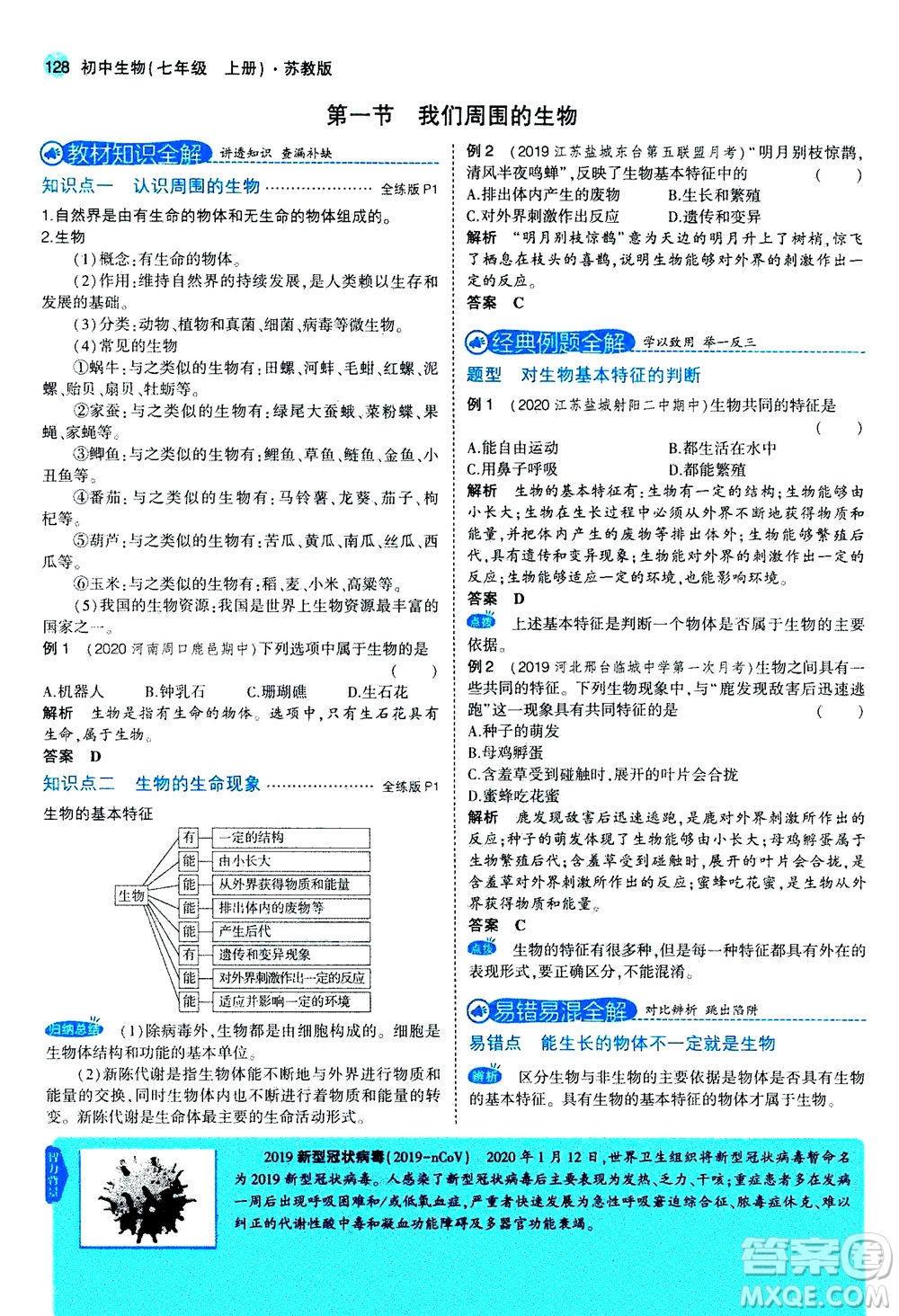 教育科學(xué)出版社2020秋5年中考3年模擬全解版初中生物七年級(jí)上冊(cè)蘇教版參考答案