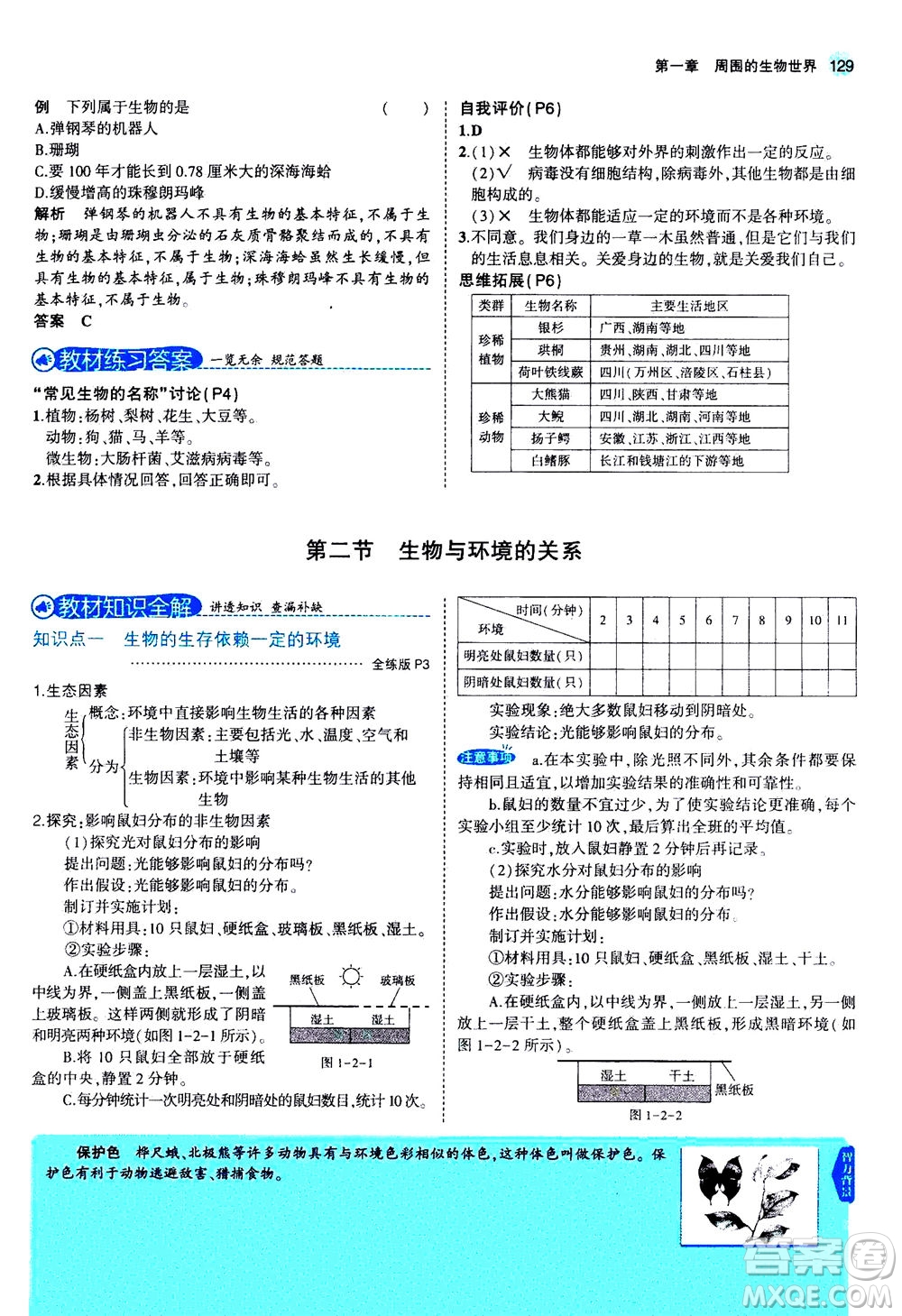 教育科學(xué)出版社2020秋5年中考3年模擬全解版初中生物七年級(jí)上冊(cè)蘇教版參考答案