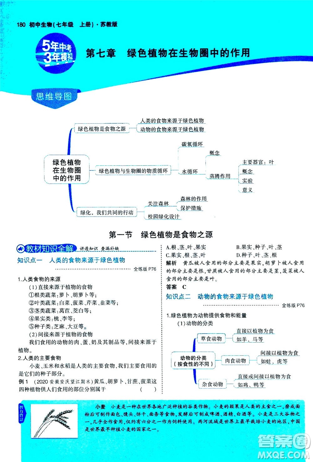 教育科學(xué)出版社2020秋5年中考3年模擬全解版初中生物七年級(jí)上冊(cè)蘇教版參考答案