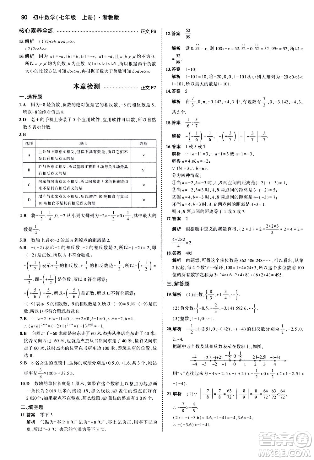 教育科學出版社2020秋5年中考3年模擬初中數(shù)學七年級上冊浙教版參考答案