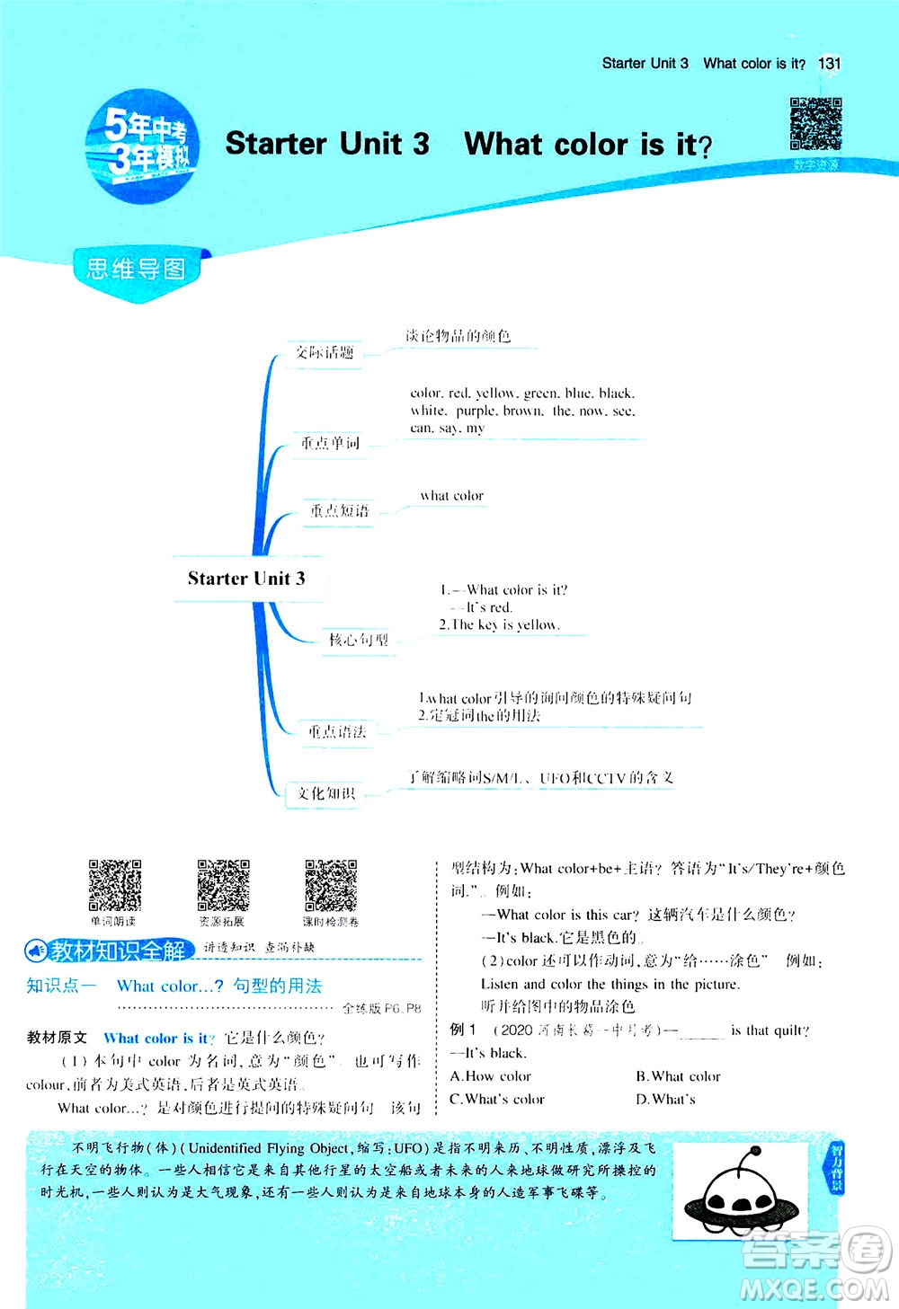 教育科學(xué)出版社2020秋5年中考3年模擬全解版初中英語七年級上冊人教版參考答案