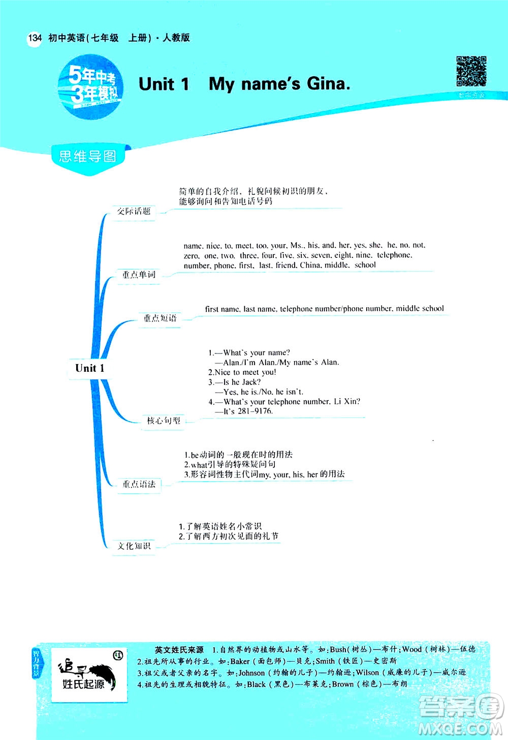 教育科學(xué)出版社2020秋5年中考3年模擬全解版初中英語七年級上冊人教版參考答案