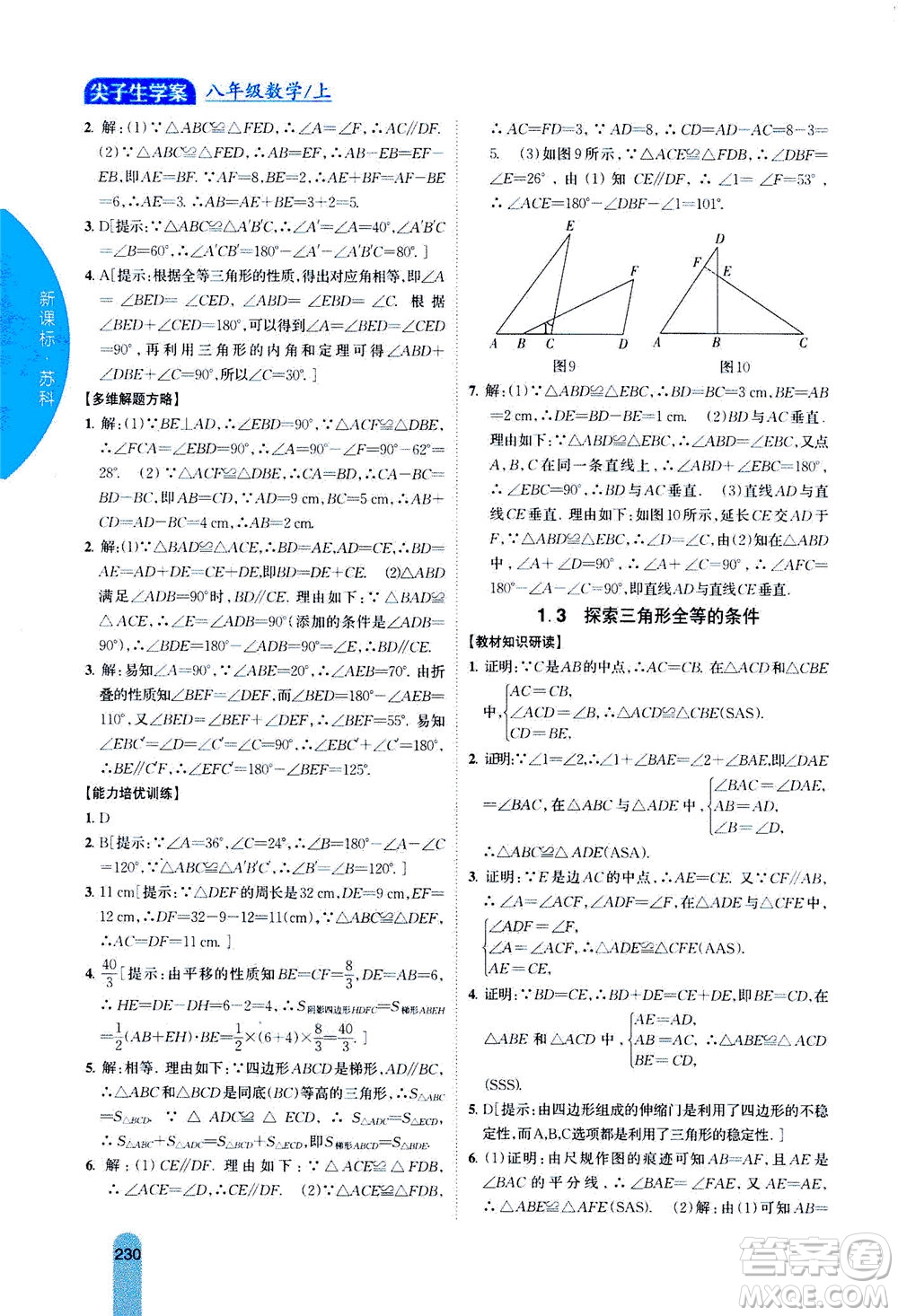 吉林人民出版社2020秋尖子生學(xué)案數(shù)學(xué)八年級(jí)上冊(cè)新課標(biāo)蘇科版參考答案