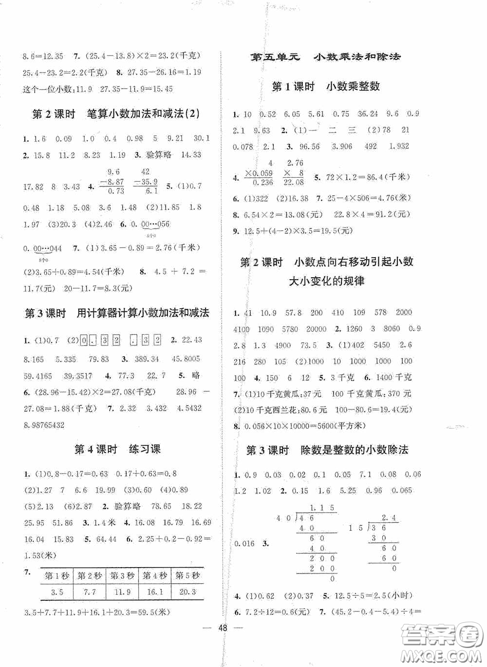 江蘇鳳凰美術(shù)出版社2020課時精練五年級數(shù)學(xué)上冊江蘇版答案