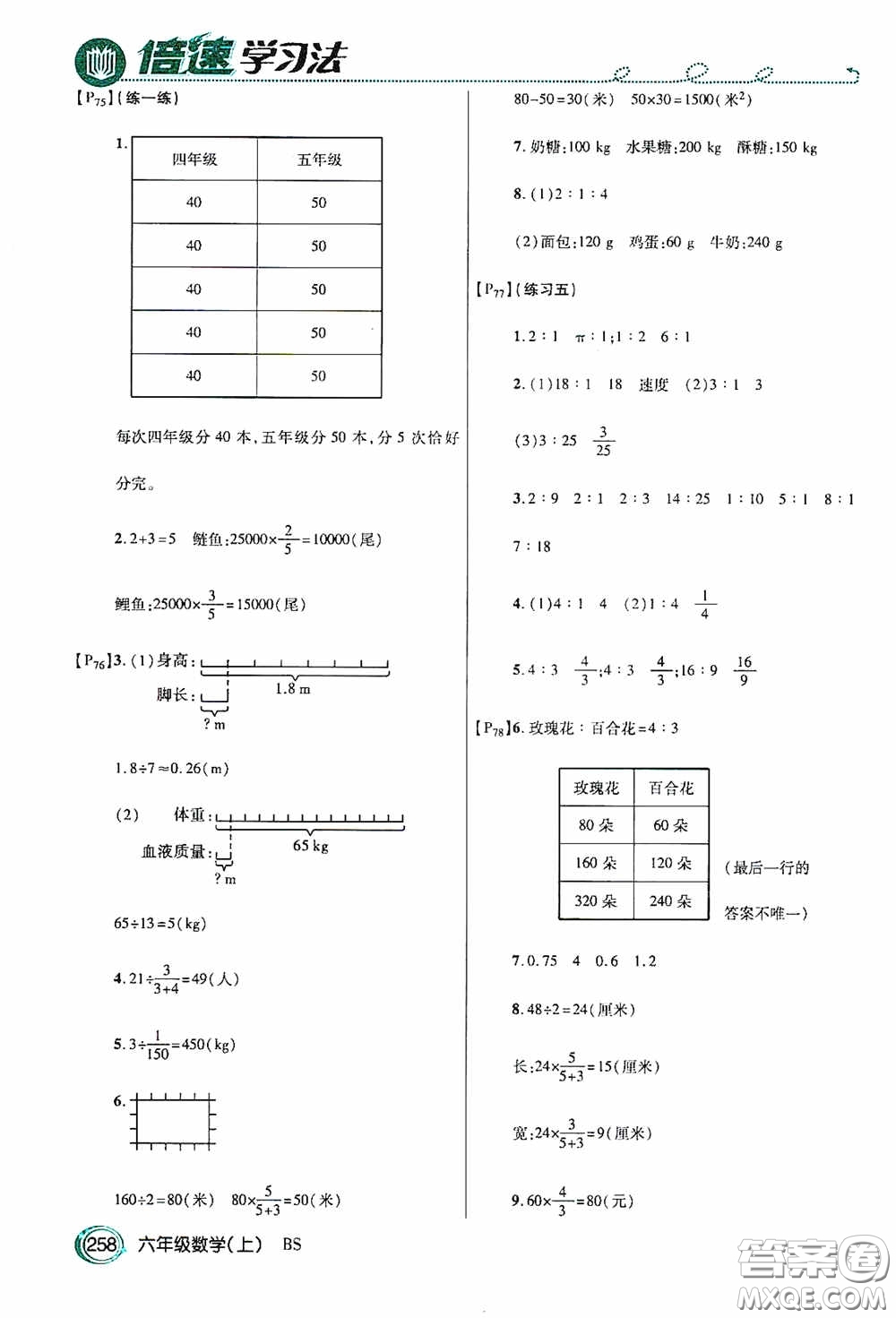 開明出版社2020萬向思維倍速學(xué)習(xí)法六年級數(shù)學(xué)上冊北師大版答案