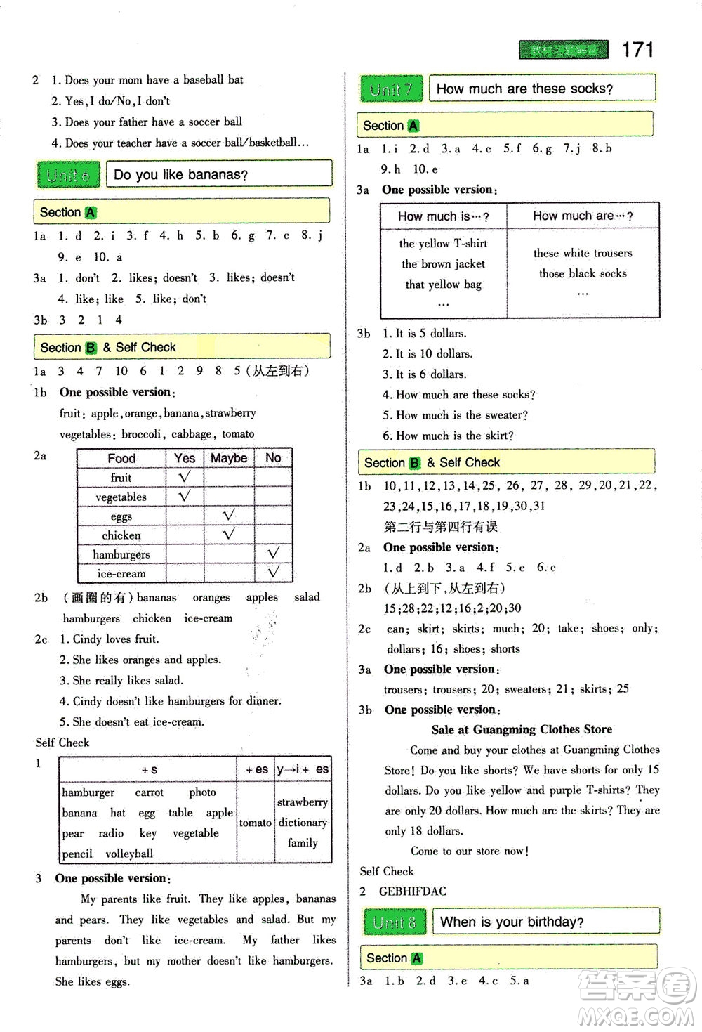 2020秋王后雄初中教材完全解讀七年級(jí)上冊(cè)英語(yǔ)RJYY人教版參考答案