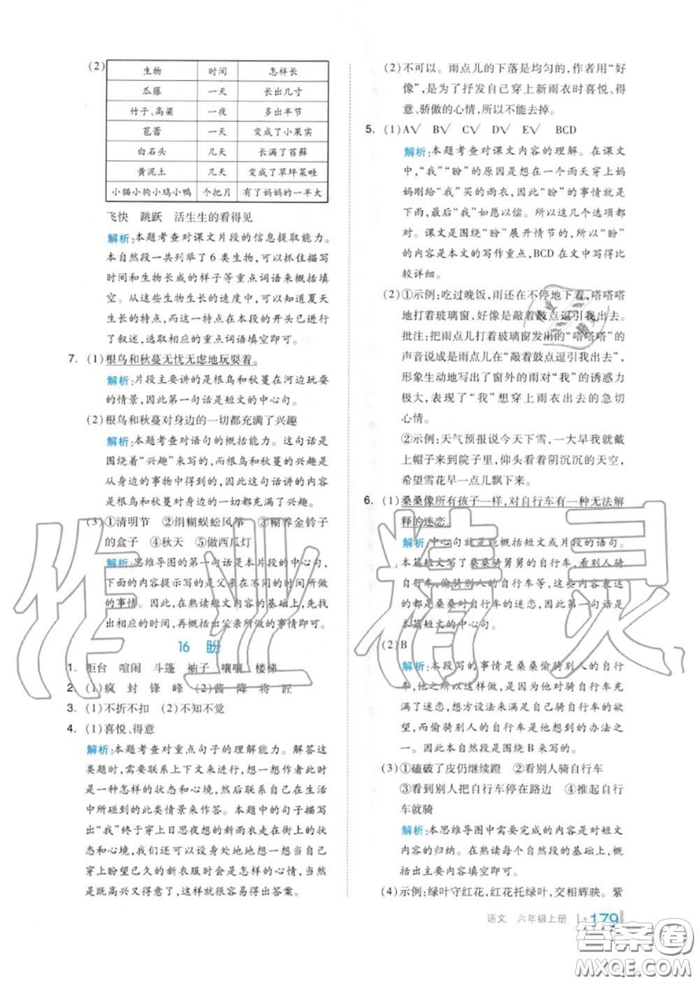 天津人民出版社2020秋全品作業(yè)本六年級(jí)語文上冊(cè)人教版答案